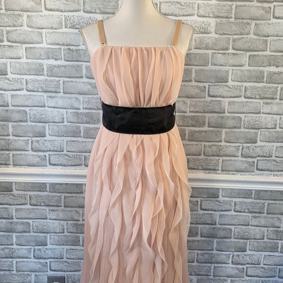 Vera Wang White Blush Pink Chiffon Dress Black Sash Ruffled Feminine Romantic 8 - Picture 9 of 12